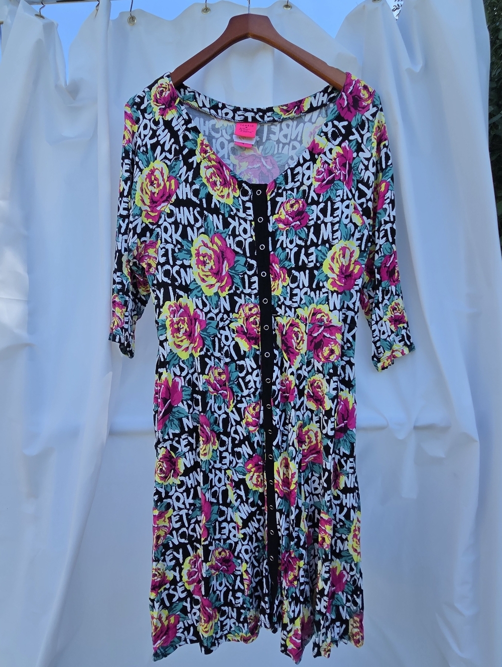 Floral & Script Button-Front Dress in Black with Pink + Yellow Roses